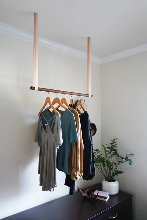 Suspended Garment Rack by Keyaiira | leather + fiber | Wescover Storage Laundry Room Drying, Hang Plants, Laundry Room Drying Rack, Curtain Rod Holders, Garment Rack, Bedroom Bliss, Leather Wall, Leather Tie, Hanging Bar