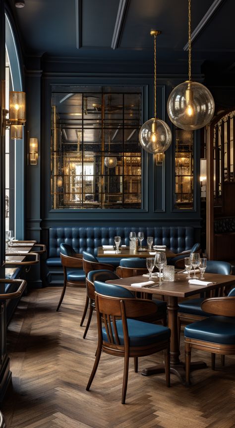 Modern Traditional Restaurant, Upscale Restaurant Interior, Dark Blue Coffee Shop, Blue Restaurant Interior Design, Victorian Pub Interior, Nautical Restaurant Design, Private Club Aesthetic, Moody Restaurant Interior, Navy Blue Restaurant