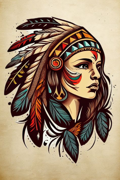 Indigenous Tattoo Native Americans, Apache Tattoo Design, Native American Woman Tattoo, Native American Drawings, Native American Tattoos For Women, Native American Woman Art, Art Traditional Tattoo, Usa Drawing, Inca Art