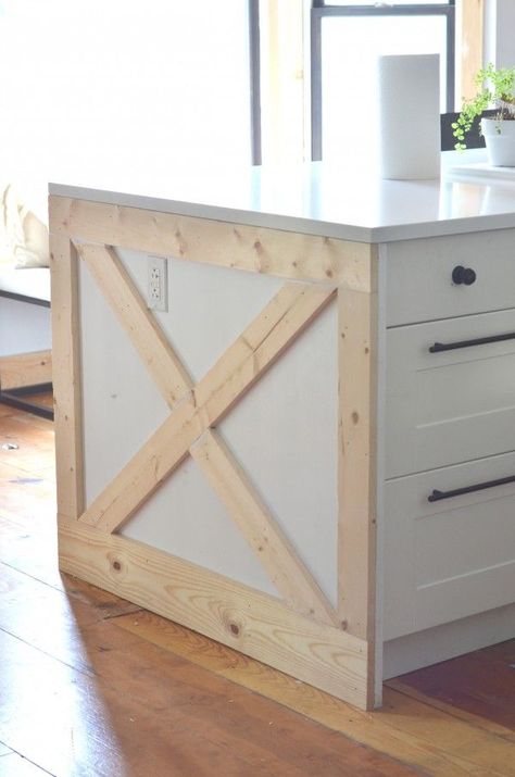 X marks the spot at the end of the island–no really, it’s not about pirates… Micro Farming, Diy Farmhouse Kitchen Decor, Farmhouse Kitchen Cabinets, Farmhouse Kitchen Design, Diy Kitchen Island, Kitchen Redo, Kitchen Remodel Idea, Farmhouse Kitchen Decor, Country Kitchen