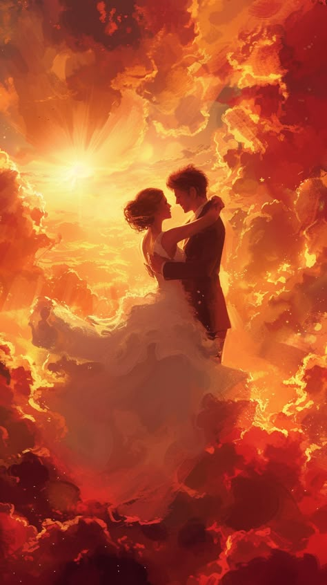 In their favorite vista, their Twin Flame Wedding commenced. Evocative of their serendipitous meeting at sunset, they vowed eternal love. Enthralled, an artist immortalized their tender exchange on canvas. It depicted their passionate dance, bodies aflame with adoration. The painting spoke volumes of their fierce loyalty, radiant love, and the promise of eternity. It was more than art; it was a testament of their destiny. Paintings With A Message, You Are An Artist, Twin Flame Wedding, Couple Dancing Art, Couples Artwork, Love And Destiny, Lovers Painting, Couple Artwork, Romantic Artwork