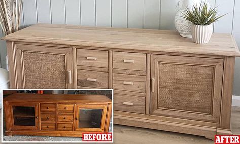 Refinish Tv Cabinet, Tv Cabinet Paint Ideas, Refinished Tv Cabinet, Upcycled Furniture Tv Cabinet, Painted Tv Cabinet Ideas, Tv Cabinet Flip, Tv Cabinet Makeover Ideas, Chalk Paint Tv Cabinet, Upcycle Tv Cabinet