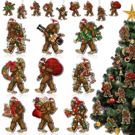 PRICES MAY VARY. Package Includes: you will receive 27 pieces of the Sasquatch decor, 9 patterns in total, each pattern has 3 pieces, coming with 27 pieces of jute ropes, sufficient quantity is enough for your daily use, replacing and sharing with others, meeting your decoration needs Christmas Gorilla Themed Design: our Bigfoot decorations adopt 9 different vintage patterns of Christmas gorilla, full of Christmas elements, such as Santa's hat, Christmas tree, gift bag and so on, showing your st Bigfoot Ornament, Bigfoot Christmas, Decor With Ropes, Funny Christmas Tree, Christmas Hanging Decorations, Rustic Holiday, Wooden Christmas Ornaments, Wooden Christmas Trees, Christmas Ornament Sets