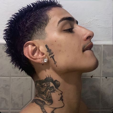 Guy Face Tattoo, Face Tattoos Men, Face Tattoo Men, Masc Hairstyles, Doberman Boys, Mens Face Tattoos, Small Face Tattoos, Hellboy Tattoo, Best Neck Tattoos