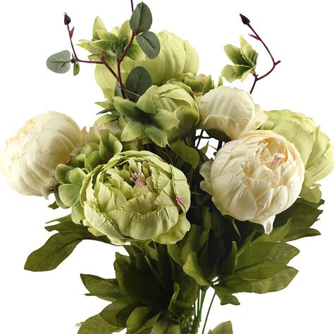 FiveSeasonStuff Vintage Artificial Flowers Green & Beige Peony and Hydrangeas (1 Bouquet) : Amazon.co.uk: Home & Kitchen Wedding Toss, Decor Centerpieces, Peony Bud, Peonies And Hydrangeas, Eco Wedding, Silk Peonies, Vintage Wedding Theme, Artificial Peonies, Forever Flowers