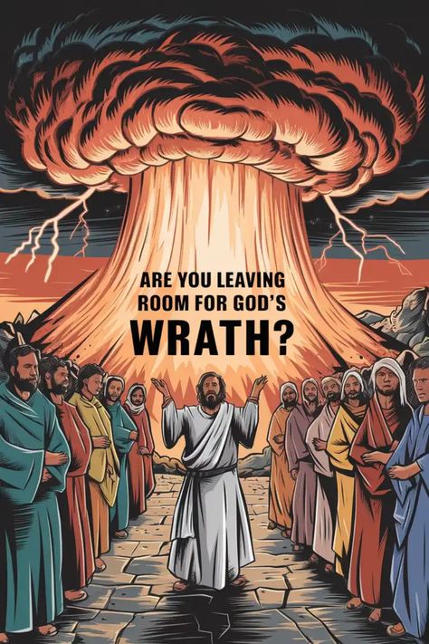 A group of people in historical robes stand beneath a dramatic explosion with the text "Are you leaving room for God's wrath?" Romans 12 17, Glorifying God, Romans 12 19, Romans 12 21, Spiritual Discernment, Overcome Evil With Good, Promise Keeper, Doers Of The Word, Jesus Teachings