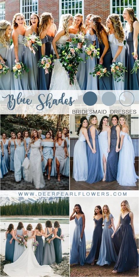 Mixed Blue Bridesmaid Dresses, Shades Of Blue Wedding, Wedding Bridesmaids Dresses Blue, Wedding Color Trends, Wedding Color Ideas, Mismatched Bridesmaids, Mismatched Bridesmaid Dresses, Wedding Colors Blue, Dusty Blue Weddings