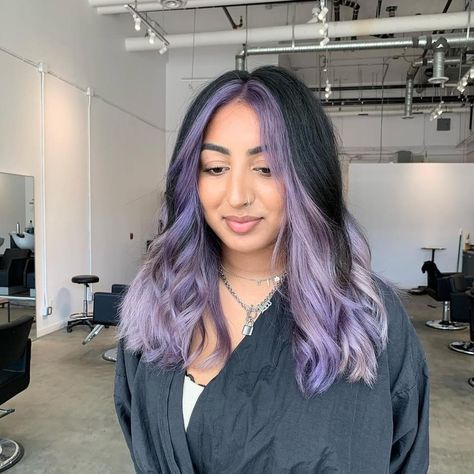 Purple And Pink Underneath Hair, Purple Ombre Hair With Money Piece, Purple Money Piece And Underneath, Unique Undercut Designs For Women, Split Dyed Hair Underneath Purple, Black And Purple Color Block Hair, Dipped Tips Hair, Lavender Color Block Hair, Lavender Split Dye