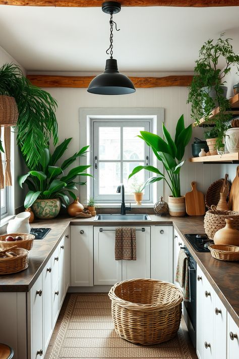 A feminine kitchen design showcasing tropical vibes with earthy tones, lush plants, and woven textiles. Explore 10 inspiring jungle kitchen ideas with one enchanting image. Tropical Boho Kitchen, Jungle Kitchen Ideas, Tropical Kitchen Design, Jungle Kitchen, Caribbean Kitchen, Rv Traveling, Deco Kitchen, Funky Wallpaper, Rustic Baskets