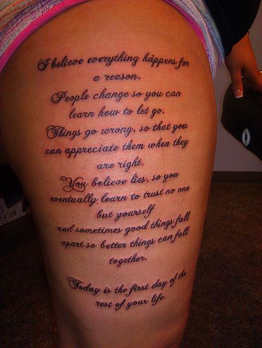 Script cursive on thigh tattoo by Wes Fortier Thigh Script Tattoo, Front Thigh Tattoos, Tattoos For Women On Thigh, Thigh Tattoo Quotes, Upper Thigh Tattoos, Gothic Tattoos, Script Cursive, Thigh Tattoo Designs, Omerta Tattoo