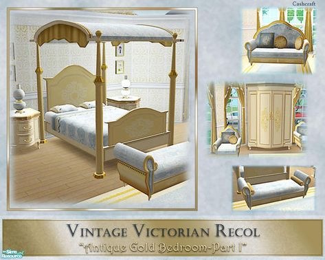 cashcraft's Victorian Antique Gold Sims 4 Victorian Bedroom, Ts4 Cc Victorian Furniture, Sims 4 Antique Furniture, Sims4 Victorian Cc, Sims 4 Victorian Cc, Gold Painted Furniture, Sims Historical, Gold Bed Frame, Sims 4 Victorian