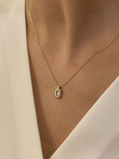 14K Solid Gold Baguette Diamond Charm, Square Diamond Pendant, Cubic Zircon With Gold, Minimalist Handmade Necklaces, Modern, Gift for Her, - Etsy Square Diamond Pendant, Pink Gold Jewelry, Jewelry Stacking, Dainty Gold Jewelry, Diamond Pendants Designs, Gold Necklace Simple, Stacked Necklaces, Solid Gold Necklace, Diamond Pendants