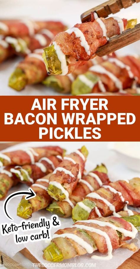 Bacon Wrapped Pickles, Wrapped Pickles, Air Fryer Recipes Keto, Air Fryer Recipes Low Carb, Air Fryer Bacon, Keto Bacon, Air Fryer Oven Recipes, Air Fry Recipes, Keto Snack