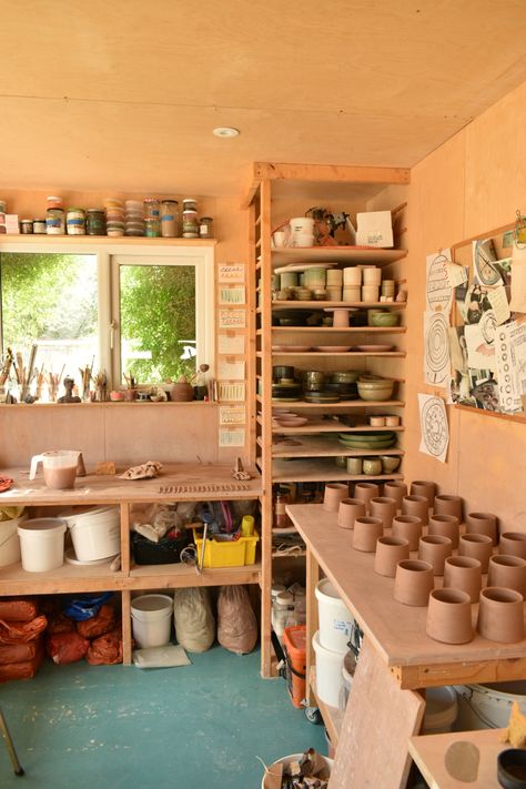 Busy pottery studio, wheel thrown mugs, ready to handle Garage Pottery Studio Setup, In Home Pottery Studio, Pottery Studio Shelving, Backyard Pottery Studio, At Home Ceramic Studio, Outdoor Pottery Studio, Pottery Studio Shed, Pottery Home Studio, Home Pottery Studio Setup