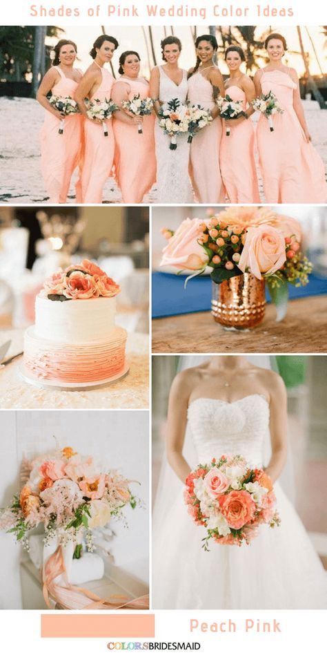 Shades Of Pink Wedding, Peach Wedding Theme, Peach Pink Wedding, Coral Wedding Colors, Romantic Wedding Colors, Wedding Color Palettes, Pink Wedding Colors, Wedding Color Ideas, Light Pink Wedding