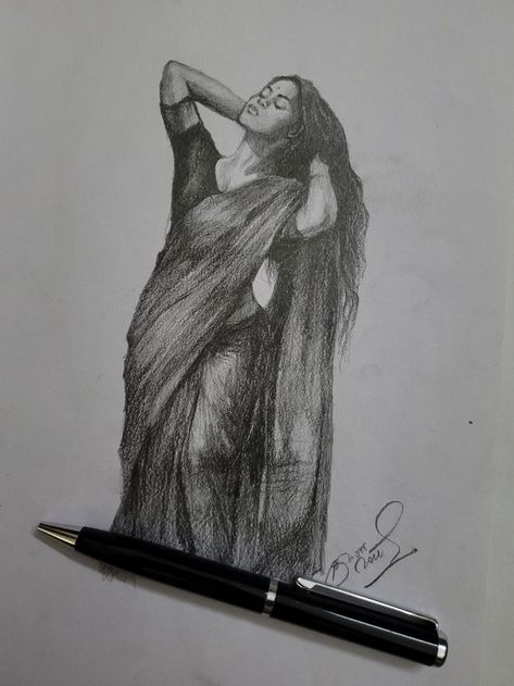 Woman In Saree Sketch, Women In Saree Pencil Sketch, Drawing Ideas Women, Woman Pencil Sketch, Saree Sketch, Women Sketch, Swan Drawing, Yoga Drawing, Fashion Sketchbook Inspiration