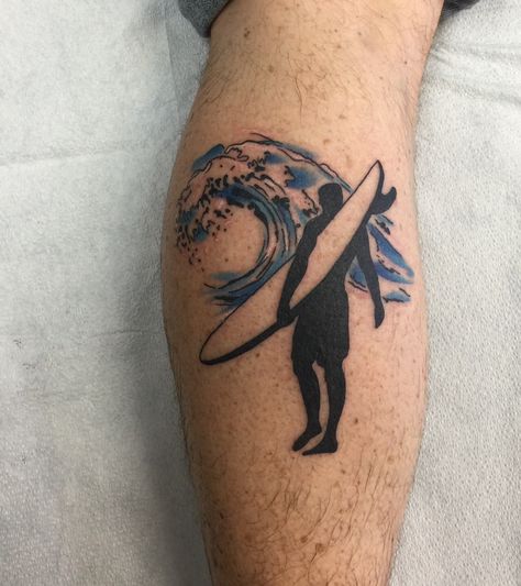 Calf tattoo of surfer and wave Surfer Tattoo Ideas, Surfing Tattoos, Surf Tattoos, Surfer Tattoo, Colorful Flower Tattoo, Etching Ideas, Surf Tattoo, Nice Tattoos, Memorial Ideas