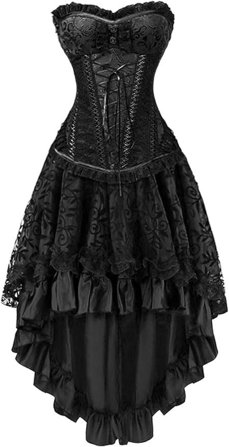 KILLREAL Women's Halloween Party Masquerade Brocade Lace Gothic Corset Skirt Set at Amazon Women’s Clothing store Clothes With Corset, Goth Birthday Outfit, Gothic Skirt Outfit, Gothic Corset Dress, Goth Corsets, Emo Dress, Goth Halloween Costume, Goth Party, Gothic Party