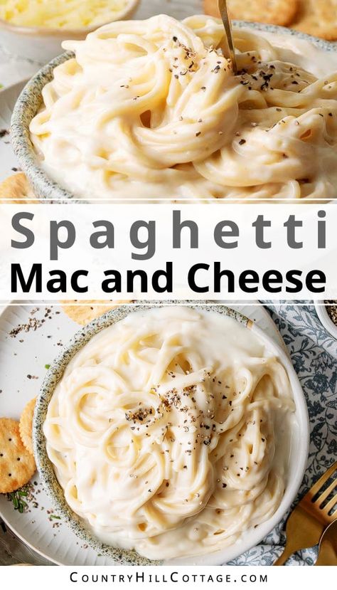 Spaghetti mac and cheese is a quick and easy weeknight meal everyone will love! Spaghetti noodles are perfectly cooked, smothered in a delicious, creamy cheese sauce. Although macaroni is traditionally used, you can also make amazing mac and cheese with spaghetti pasta. It's creamy, cheesy, and utterly delicious. Best of all, this easy one-pot comfort food dish is ready in under 30 minutes, making it the perfect addition to your dinner rotation and side dishes. | CountryHillCottage.com Mac N Cheese With Spaghetti Noodles, Spaghetti Cheese Sauce, Spaghetti With Cheese Sauce, Spaghetti Mac And Cheese, Mac And Cheese Spaghetti, Leftover Spaghetti Noodles, Spaghetti And Cheese, Speggetti Recipes, Easy Mac N Cheese Recipe