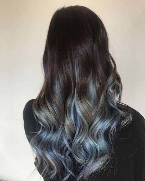 Steel Blue Highlights, Silver Blue Balayage, Blue Hair Balayage Brown, Balayage Blue Hair Brunettes, Dark Hair With Light Blue Highlights, Silver Blue Highlights On Dark Hair, Dyeing The Ends Of The Hair, Brown To Blue Balayage, Blue Balayage On Brown Hair