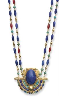 Louis Comfort Tiffany necklace in Egyptian Revival style: lapis lazuli, turquoise, amber and gold, ca. 1913. Louis Comfort Tiffany Jewelry, Scarab Pendant, Egyptian Revival Jewelry, Bijoux Art Nouveau, Tiffany Necklace, Lapis Lazuli Jewelry, Louis Comfort Tiffany, Nouveau Jewelry, American Indian Jewelry