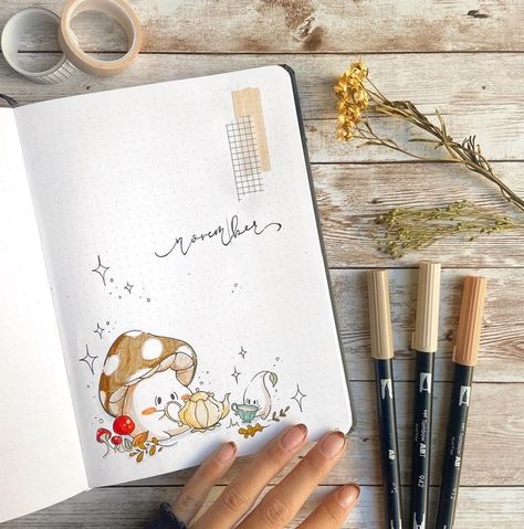 Cottagecore Bujo Theme, Mushroom Bullet Journal Theme, Bujo Ideas Aesthetic, Mushroom Bujo Theme, Cottagecore Journal Ideas, Cozy Bullet Journal Theme, Bullet Journal Mushroom Theme, Cottagecore Bujo, Cottagecore Bullet Journal