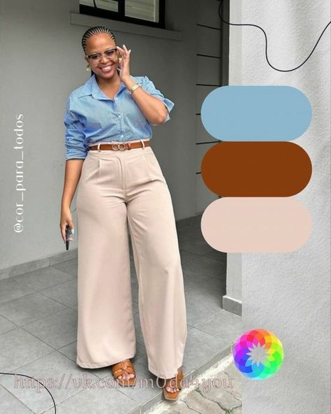 Tan Color Combinations Outfits, Light Blue Outfit Ideas Color Combos, Tan Outfits For Women, Blue And Beige Outfit, Beige Pants Outfit, Tan Outfit, Brown Outfits, Ocean Hues, Nude Outfits