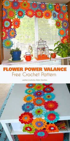 Flower Power Valance Free Crochet Pattern Granny Square Curtain Free Pattern, Crocheted Window Curtain, Crochet Patterns Curtains, Crochet Pattern Curtain, Crochet Outside Decor, Crochet Granny Square Curtain, Crochet Window Valance Free Pattern, Crochet Kitchen Curtains Free Pattern, Crocheted Curtains Pattern Free