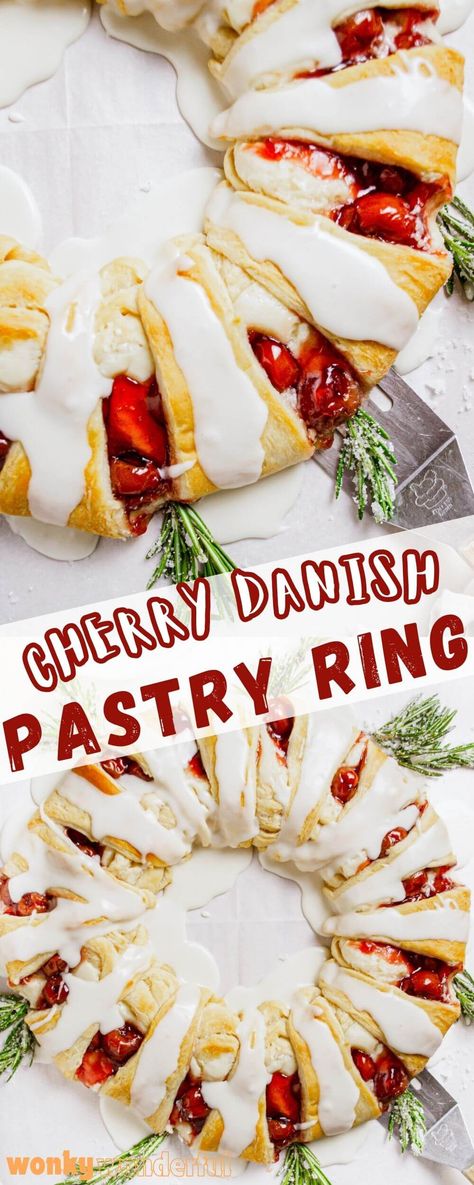 This CHERRY DANISH PASTRY RING is a quick easy breakfast or dessert - perfect for the holidays. Crescent roll dough filled with cream cheese and cherry filling, baked in a wreath shape then glazed. Cherry Breakfast Pastry, Wreath Shaped Food, Cherry Danish Crescent Rolls, Christmas Danish Recipes, Cherry Cheese Danish Puff Pastry, Cherry Crescent Roll Dessert, Christmas Breakfast Pastries, Christmas Breakfast Wreath, Crescent Roll Wreath