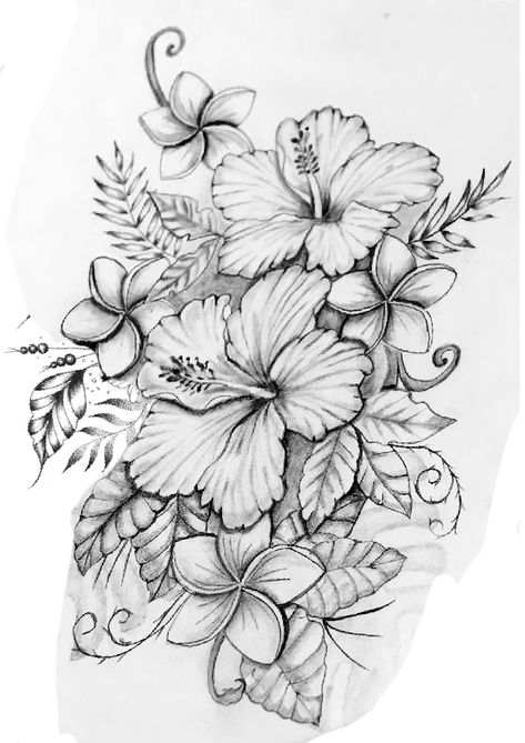 Hawaiin Tattoo, Tropisches Tattoo, Tropical Flower Tattoos, Drawing Of Flowers, Hawaii Tattoo, Baddie Tattoos, Hawaiian Flower Tattoos, Hibiscus Flower Tattoos, Backpiece Tattoo