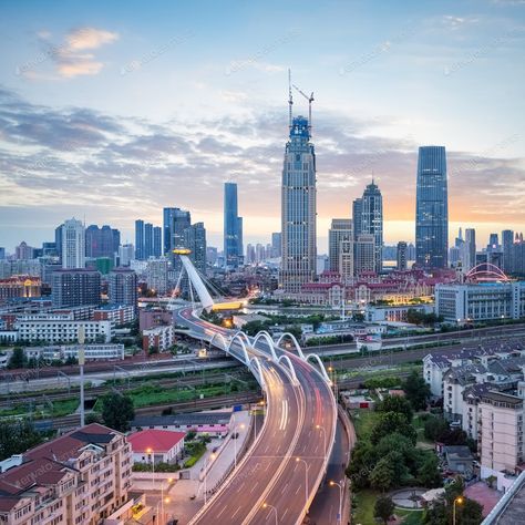 beautiful tianjin at dusk By chuyu2014’s photos #Ad , #ad, #beautiful, #tianjin, #dusk Shanghai Skyline, City Road, Tianjin, Matte Painting, Night Scene, Landscape Trees, Shanghai, Cityscape, New York Skyline