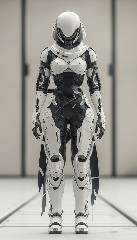 Futuristic Robotic Exosuit Standing in a Minimalist Facility Futuristic Armor Design, Scifi Suit Concept Art, Futuristic Body Armor, Sci Fi Robot Design, Robot Suit Design, Scifi Bodysuit, Exosuit Concept Art, Tech Armor Suits, Sci Fi Space Suit