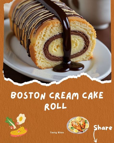 ina Garten 🥣🍟 | Just baked this Decadent Boston Cream Cake Roll - a delightful combination of fluffy cake, creamy filling, and rich ganache | Facebook Boston Cream Cake, Fluffy Cake, Boston Cream, Just Bake, Cream Desserts, Tasty Bites, Cake Roll, Cream Cake, Boston