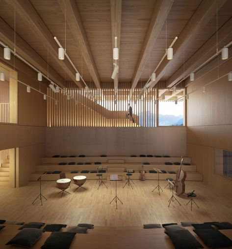 Durisch + Nolli · Aiglon College | the Assembly and Arts Building · Divisare Music Room Design, Auditorium Design, Lecture Hall, Multipurpose Hall, Theater Design, Studios Architecture, Architecture Images, Architecture Design Concept, Adaptive Reuse