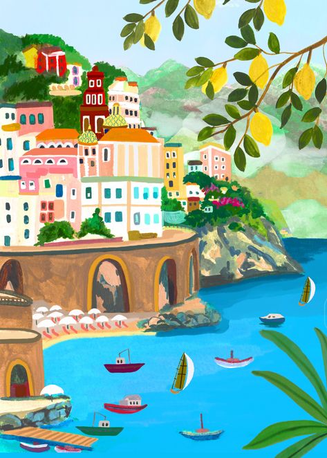 Amalfi Coast Print, Amalfi Coast Art, Amalfi Coast Illustration, Rhi James, Italy Illustration, City Canvas Art, Mountain City, Colorful Mountains, Travel Artwork