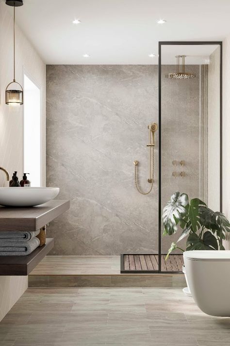 Neutral bathrooms: design ideas and inspiration Taupe Master Bath, Contemporary Bathroom Decor Ideas, Gray Stone Bathroom, Neutral Master Bath, Greige Bathroom Ideas, Contemporary Master Bath, Neutral Bathroom Ideas, Greige Bathroom, Spa Master Bath