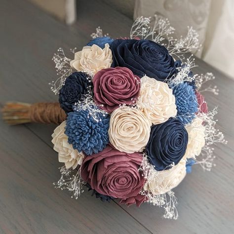 Navy Steel Blue Mauve and Ivory Sola Wood Flower Bouquet | Etsy Steel Blue Weddings, Ivory Bouquet, Shell Wedding, Wood Flower Bouquet, Mauve Wedding, Ribbon White, Bouquet Toss, Wedding Colors Blue, Navy Blue Wedding