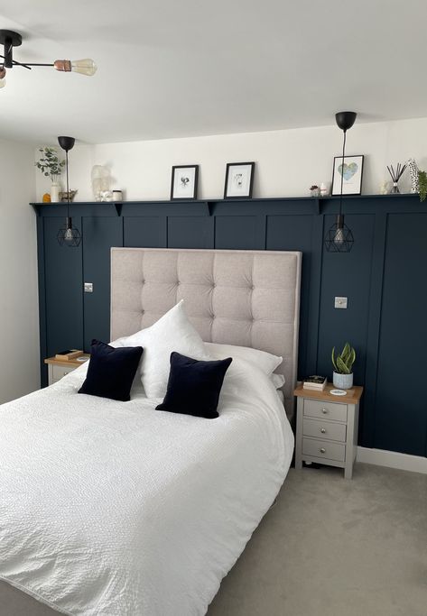 Dark Painted Paneling Walls, Dark Blue Wall Panelling, Hague Blue Panelling, Navy Panelled Bedroom, Navy Blue Panelling Bedroom, Navy Bedroom Panelling, Modern Blue Bedroom Ideas, Blue Bedroom Feature Wall, Blue Panelled Bedroom