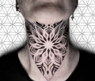 Geometrical Neck Tattoo, Neck Dotwork Tattoo, Mandala Neck Tattoo Men, Mandala Throat Tattoo, Neck Mandala Tattoo, Mandala Dotwork Tattoo Design, Geometric Neck Tattoo, Geometric Throat Tattoo, Geometric Tattoo Neck