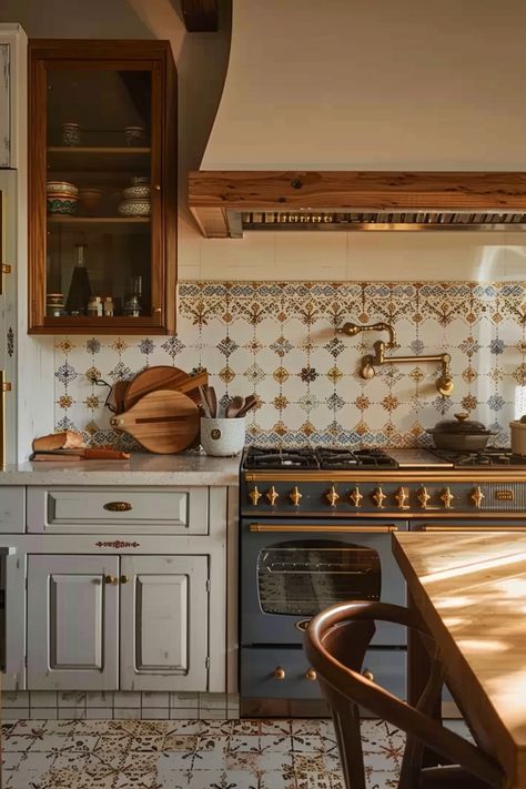 Kitchen Brick Fireplace, Modern Romantic Kitchen, Kitchen Tiles Farmhouse, Cozy Kitchen Renovation, French Country Inspired Kitchen, Good Kitchen Design, French Cottage Style Kitchen, Vintage Traditional Kitchen, Farmhouse Kitchen With Tile Floor