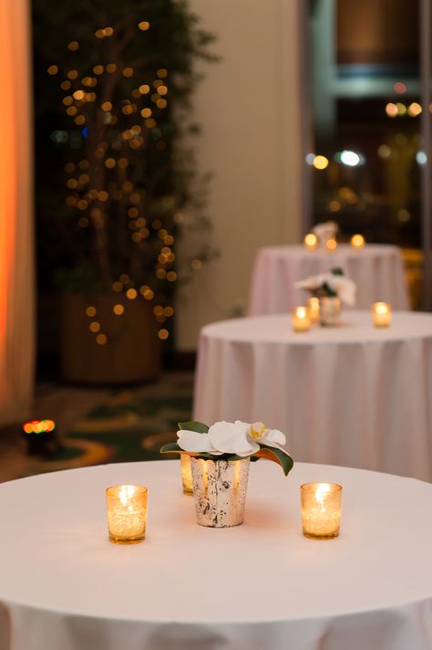 Simple cocktail table decor #orchids #candles #gold #cocktailtable #cocktailhour #wedding #party Cocktail Table Candles, Cocktail Table Centerpieces, Cocktail Table Decor, Gold Votive Candles, Table Decorations Ideas, Cocktail Party Decor, Bday Decor, Simple Cocktail, Dining Room Decoration