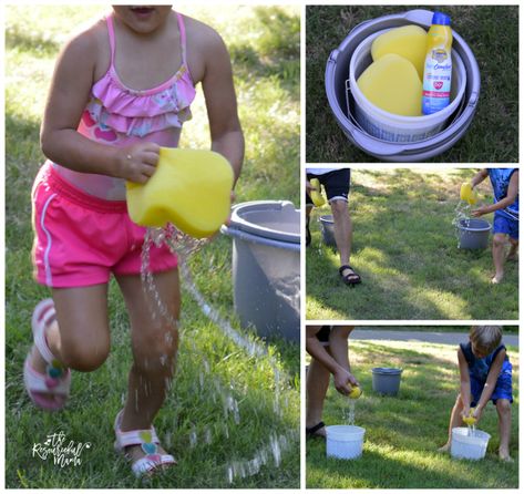 Fill the Bucket Outdoor Water Game - The Resourceful Mama Fill The Bucket, Fun Water Games, Survivor Challenges, Outdoor Water Games, Field Day Games, Relay Games, Water Festival, Island Survival, Outside Games