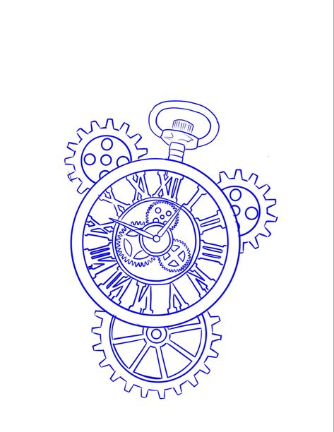 Clock Cogs Drawing, Cogs Tattoo Design, Steam Punk Clock Tattoo, Clock Face Drawing, Gears And Flowers Tattoo, Clock Gears Drawing, Time Drawing Clock, Cogs Drawing, Pocket Watch Outline