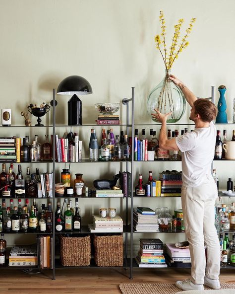 Bar Bookshelf Styling, Bar Ladder Shelf, Alcohol Bookshelf, Bar Bookshelf, Ladder Bookshelf Bar, Bar Shelf Styling, Bookshelf Bar Ideas, Alcohol Shelf Aesthetic, Bar Shelves Tequila