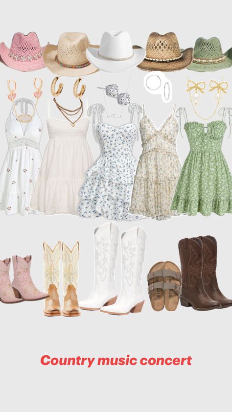 This is a collage of sun dresses, cowboy hats, cowboy boots, and jewelry for outfit inspo. More specifically, these outfits are inspiration for country music concerts. Zach Bryan Outfits, Luke Bryan Concert Outfit, Music Concert Outfit, Country Music Concert Outfit, Zach Bryan Concert, Luke Bryan Concert, Cute Concert Outfits, Concert Outfit Inspo, Country Music Concert