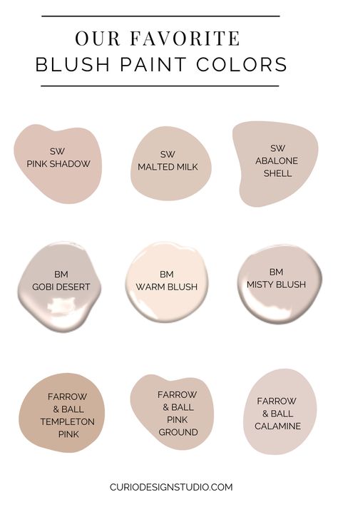 FAVORITE BLUSH PAINT COLORS - PART 2 | Curio Design Studio Blush And Taupe Bedroom, Dusty Pink Nursery Paint Colors, Blush Beige Paint, Neutral Mauve Paint Colors, Brown Pink Paint Colors, Misty Blush Benjamin Moore, Salon Paint Colors Ideas, Best Nursery Paint Colors, Sherwin Williams Neutral Colors