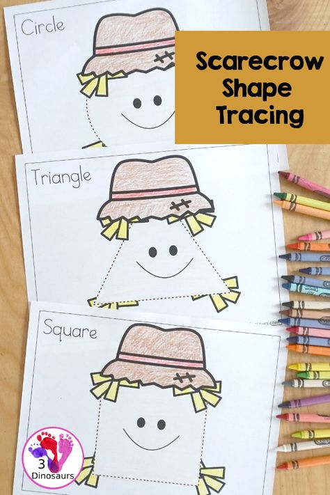 Free Scarecrow Shape Tracing Printable with 9 shapes to trace with a fun scarecrow face theme - 3Dinosaurs.com #shapetracing #shapesforkids #3dinosaurs #prek #kindergarten #freeprintable Pre K Scarecrow Activities, Scarecrow Ideas For Preschoolers, Pumpkins And Scarecrows Preschool, Preschool Scarecrow Craft Free Printable, Scarecrow Math Activities For Preschool, Scarecrow Theme Preschool Activities, Scarecrow Writing Kindergarten, Scarecrow Dramatic Play Preschool, Scarecrow Fine Motor Activities