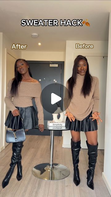 Fikkypearl / UK Fashion Influencer on Instagram: "STYLING SWEATER /TRYING VIRAL FASHION HACK 🍂 

It’s Cardigan season, if you’re bored of your sweater try this fashion hack for a Casual Fall Outfit and you’ll have an off shoulder Knit sweater

#fashionhacks #stylinginspiration #autumntrends 

Casual outfit, fall outfit, sweater outfitinspo, autumn outfit" Off Shoulder Knit Sweater Outfit, Cardigan On Shoulder Outfit, Dress With Sweater Over It Fall Outfits, Sweater Hacks Style, How To Tuck In A Sweater, Sleeveless Sweater Dress Outfit, Dress With Sweater Over It, Off Shoulder Knit Sweater, Sweater Hacks