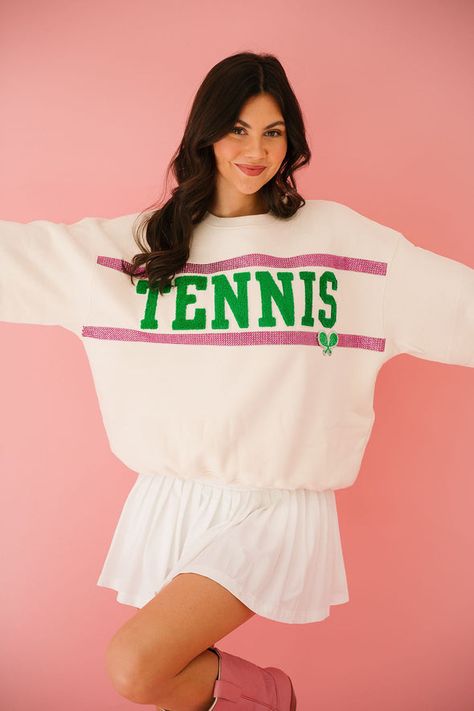 TENNIS | Judith March Varsity Letters, Tennis Outfit, Judith March, Tennis Rackets, Varsity Letter, Bachelorette Party Themes, Tennis Clubs, Tennis Clothes, Pink Rhinestones