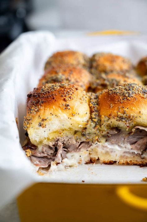 Roast Beef Sliders Roast Beef Sliders Recipes, Roast Beef And Horseradish, Horseradish Mayo, Sliders Recipes Beef, Soft Rolls, Roast Beef Sliders, Tailgating Food, Seasoned Butter, Sliced Roast Beef